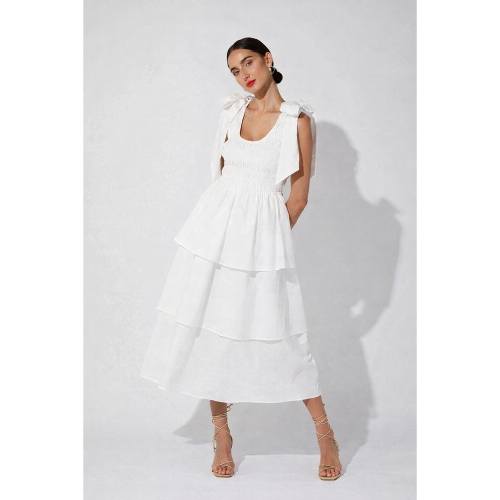 Cleobella Kaiya White Smocked Tiered Midi Dress Size M Boho Cottagecore Romantic - Picture 1 of 10